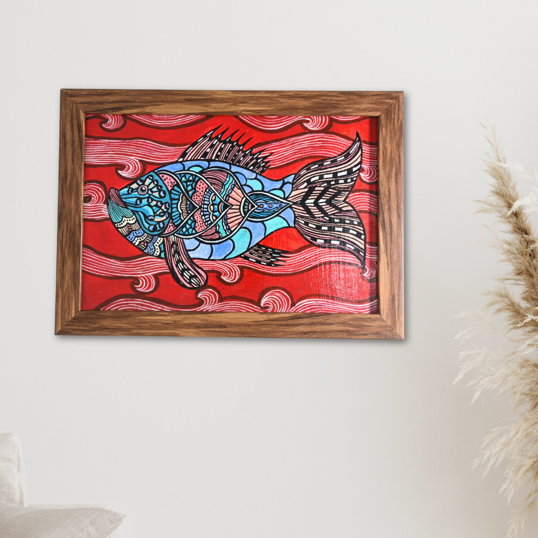 Indha Hand-Painted Boho Fish Wall Art | Upcycled Tablet Painting | Framed in Reclaimed Wood with Vegan Leather Back | Sustainable Acrylic Decor