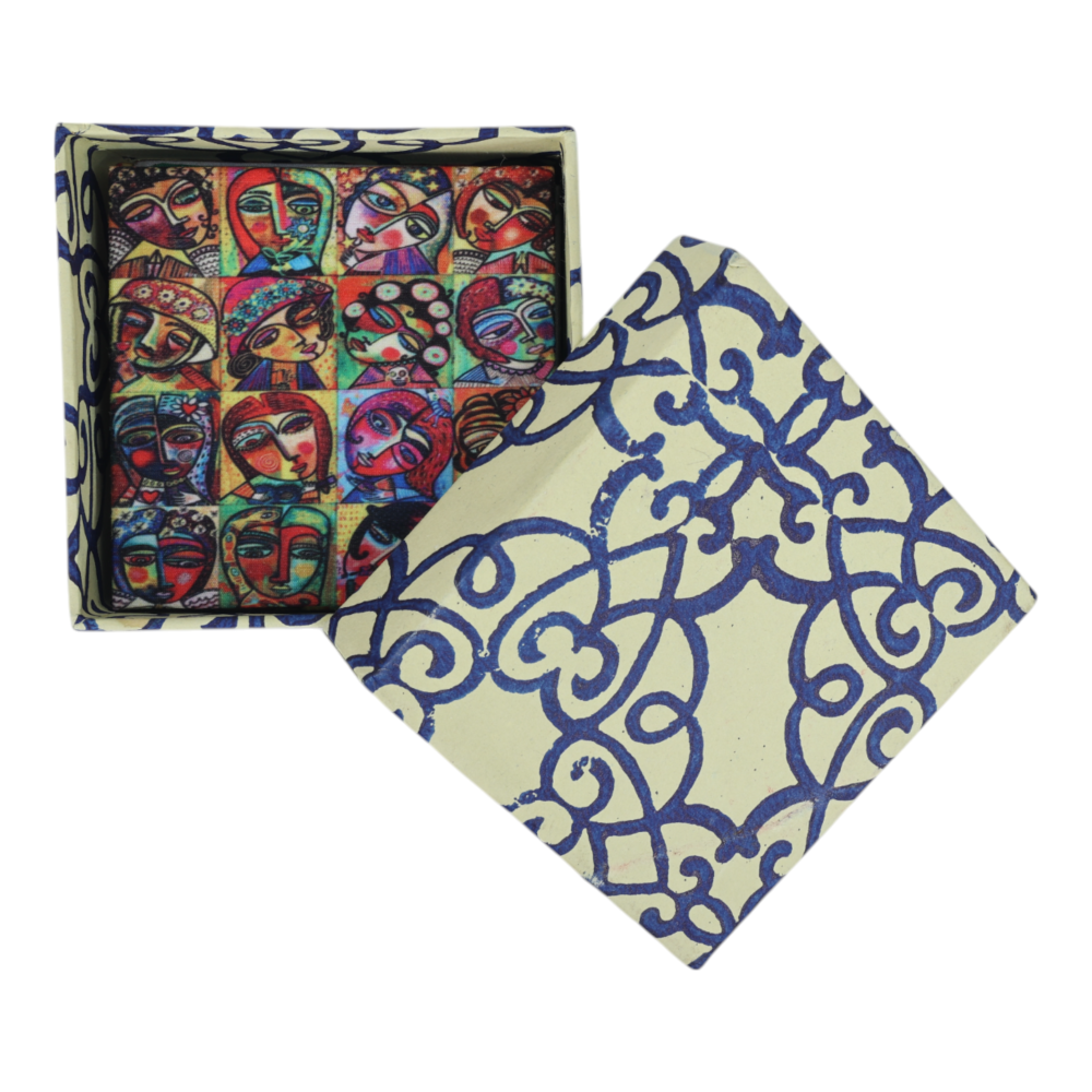Indha Artistic Faces Coaster Set – Set of 6 Handcrafted Dupion Silk Coasters with Unique Face Prints, Perfect for Dining &amp; Décor