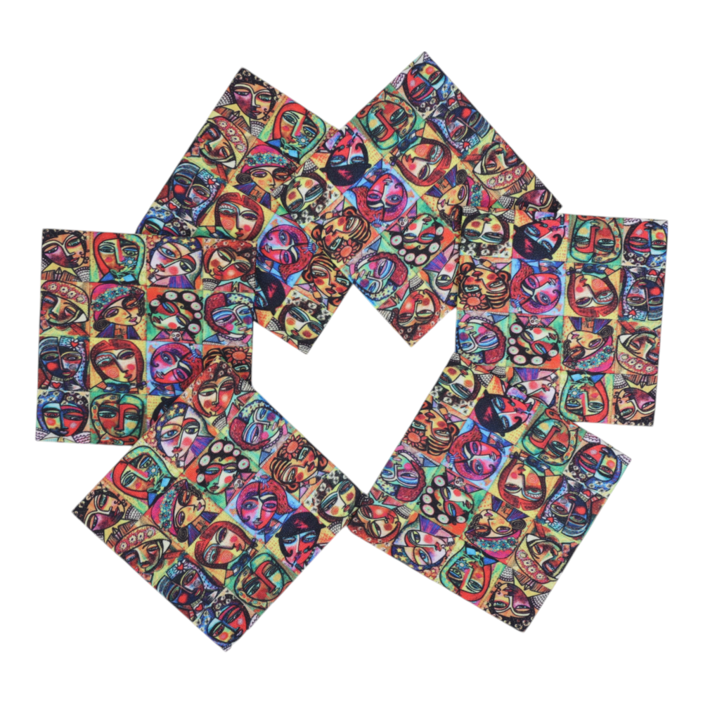 Indha Artistic Faces Coaster Set – Set of 6 Handcrafted Dupion Silk Coasters with Unique Face Prints, Perfect for Dining &amp; Décor