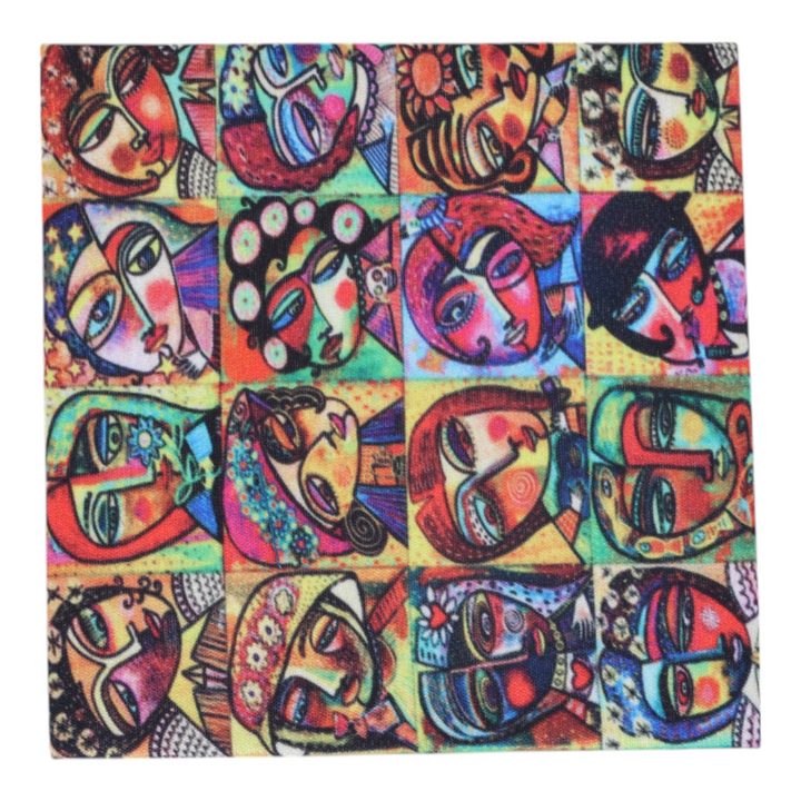 Indha Artistic Faces Coaster Set – Set of 6 Handcrafted Dupion Silk Coasters with Unique Face Prints, Perfect for Dining &amp; Décor