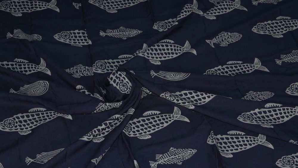 INDHA Hand Block-Printed Jaipuri Cotton Fabric Blue | Grey Fish Design Motif  Fabric | Hand Block Printed Fabric | Home Utility | Fashion Utility | Gifting | Gifts For Him | Gifts For Her | Home Furnishing | 3 Meter X 42-44 Wide