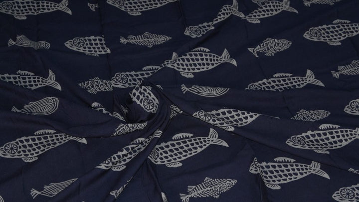 INDHA Hand Block-Printed Jaipuri Cotton Fabric Blue | Grey Fish Design Motif  Fabric | Hand Block Printed Fabric | Home Utility | Fashion Utility | Gifting | Gifts For Him | Gifts For Her | Home Furnishing | 3 Meter X 42-44 Wide