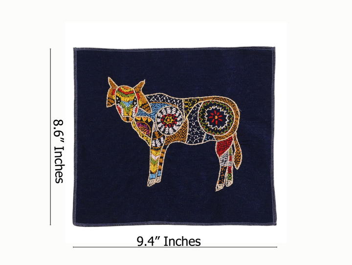 Indha Cow Hand Embroidery Panel – Artisan Folk Decor on Dupion Silk (Blue)