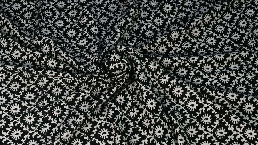 INDHA Hand Block-Printed Jaipuri Cotton Fabric Black | White Dancing Peacock Motif  Fabric | Hand Block Printed Fabric | Home Utility | Fashion Utility | Gifting | Gifts For Him | Gifts For Her | Home Furnishing | 3 Meter X 42-44 Wide