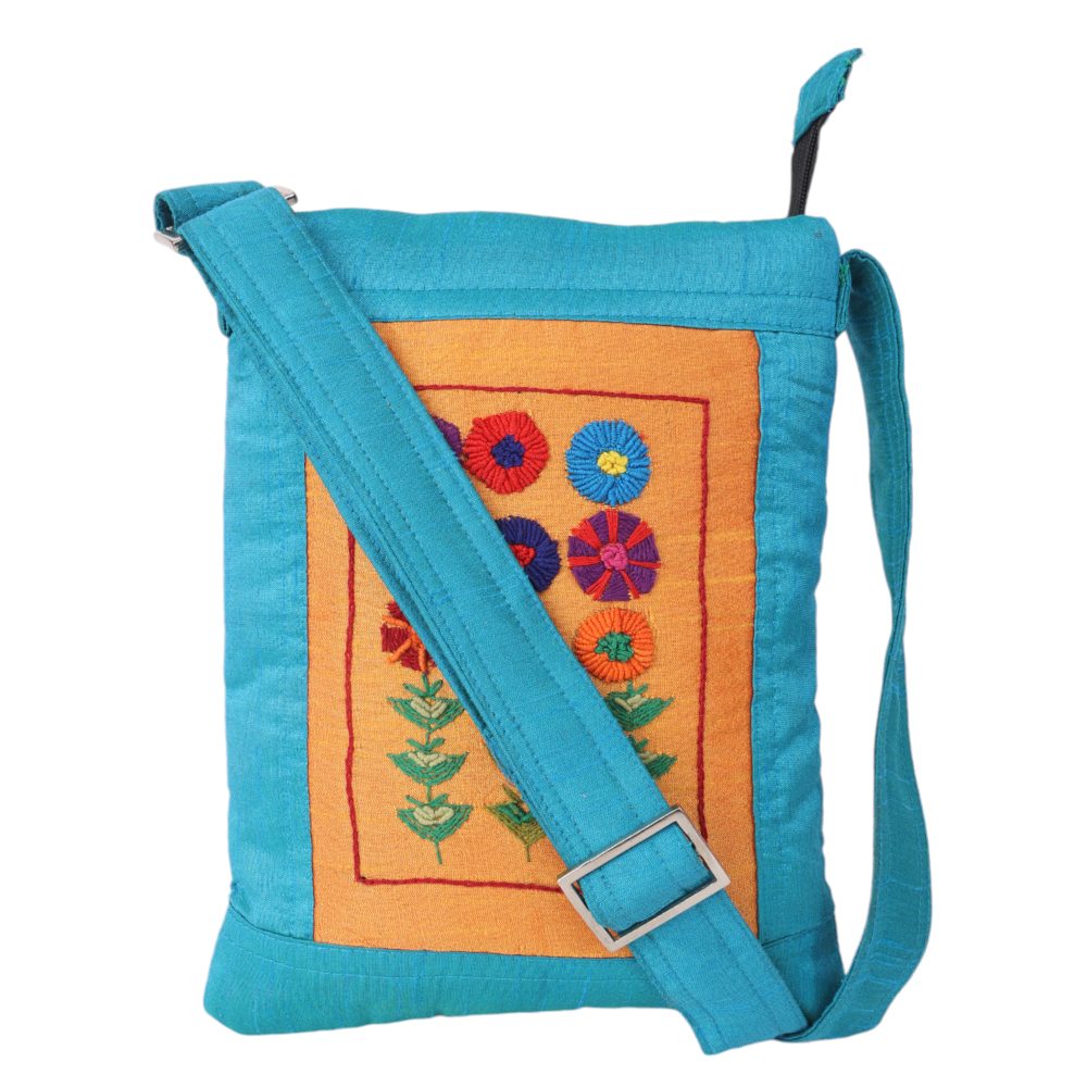 Indha Sky Blue Floral Embroidered Silk Sling Bag – A Charming and Practical Daily Accessory