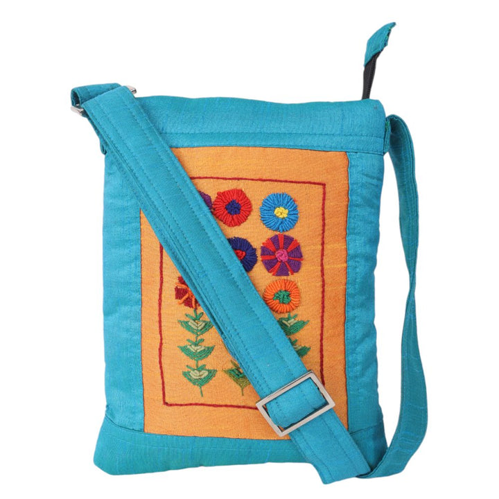 Indha Sky Blue Floral Embroidered Silk Sling Bag – A Charming and Practical Daily Accessory