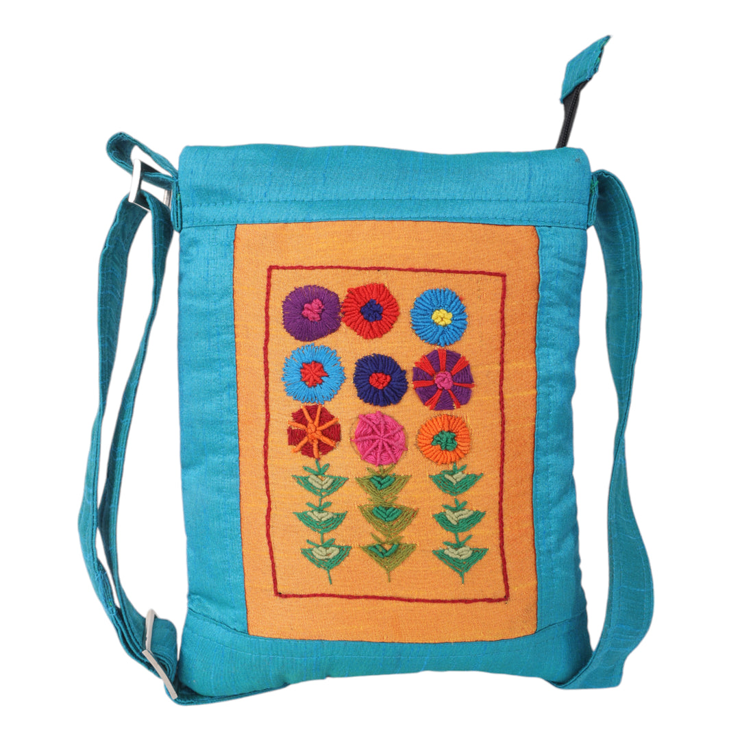 Indha Sky Blue Floral Embroidered Silk Sling Bag – A Charming and Practical Daily Accessory