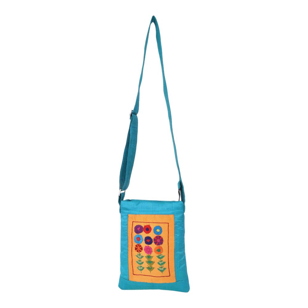 Indha Sky Blue Floral Embroidered Silk Sling Bag – A Charming and Practical Daily Accessory