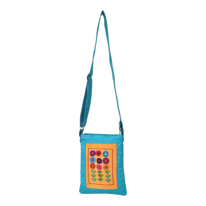 Indha Sky Blue Floral Embroidered Silk Sling Bag – A Charming and Practical Daily Accessory
