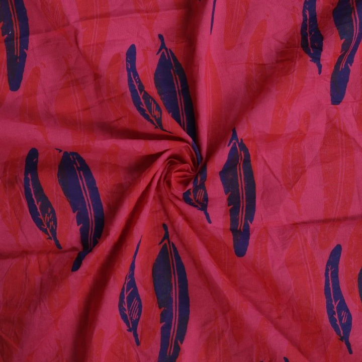 INDHA Blue and Red Feathers Block Printed on Pink Fabric