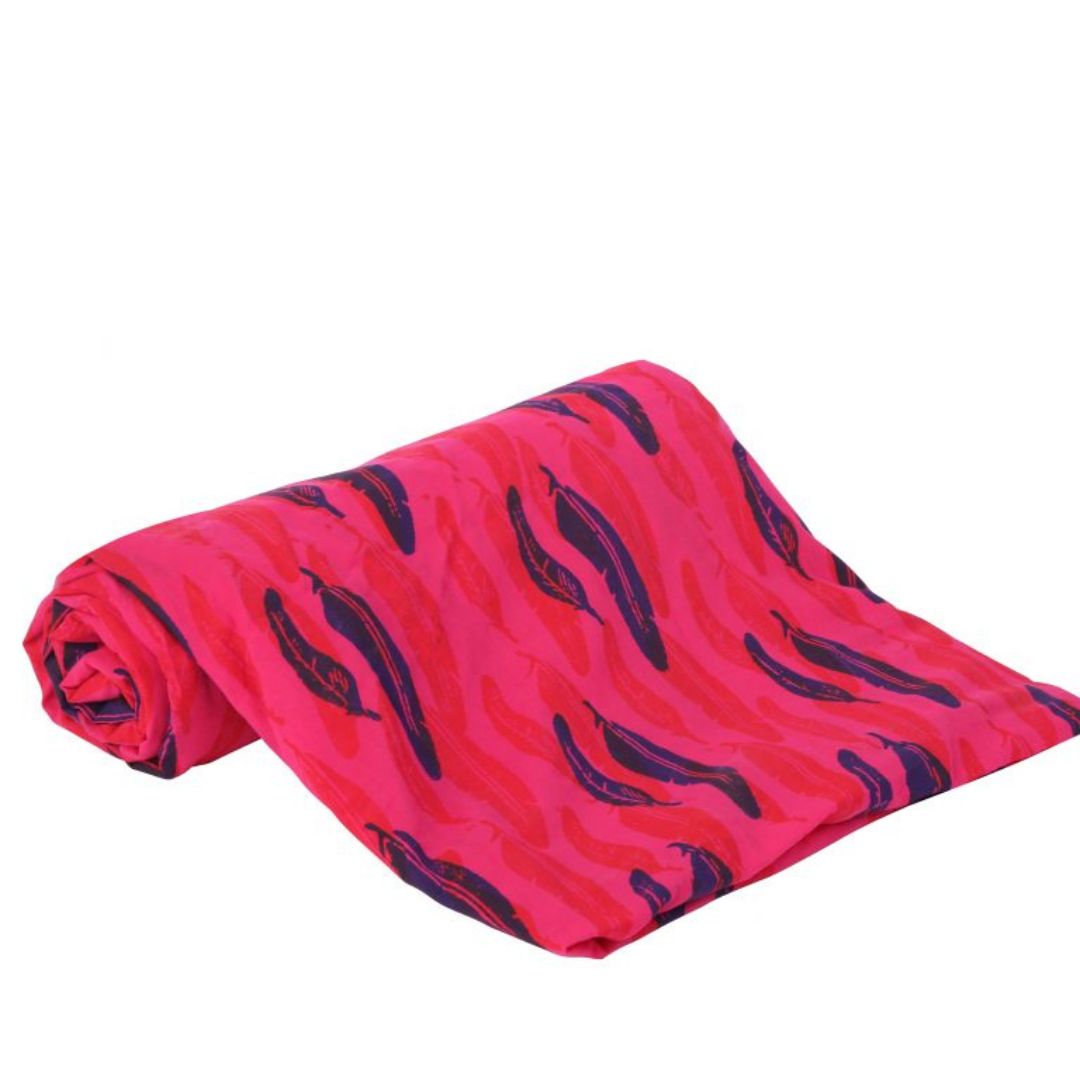 INDHA Blue and Red Feathers Block Printed on Pink Fabric