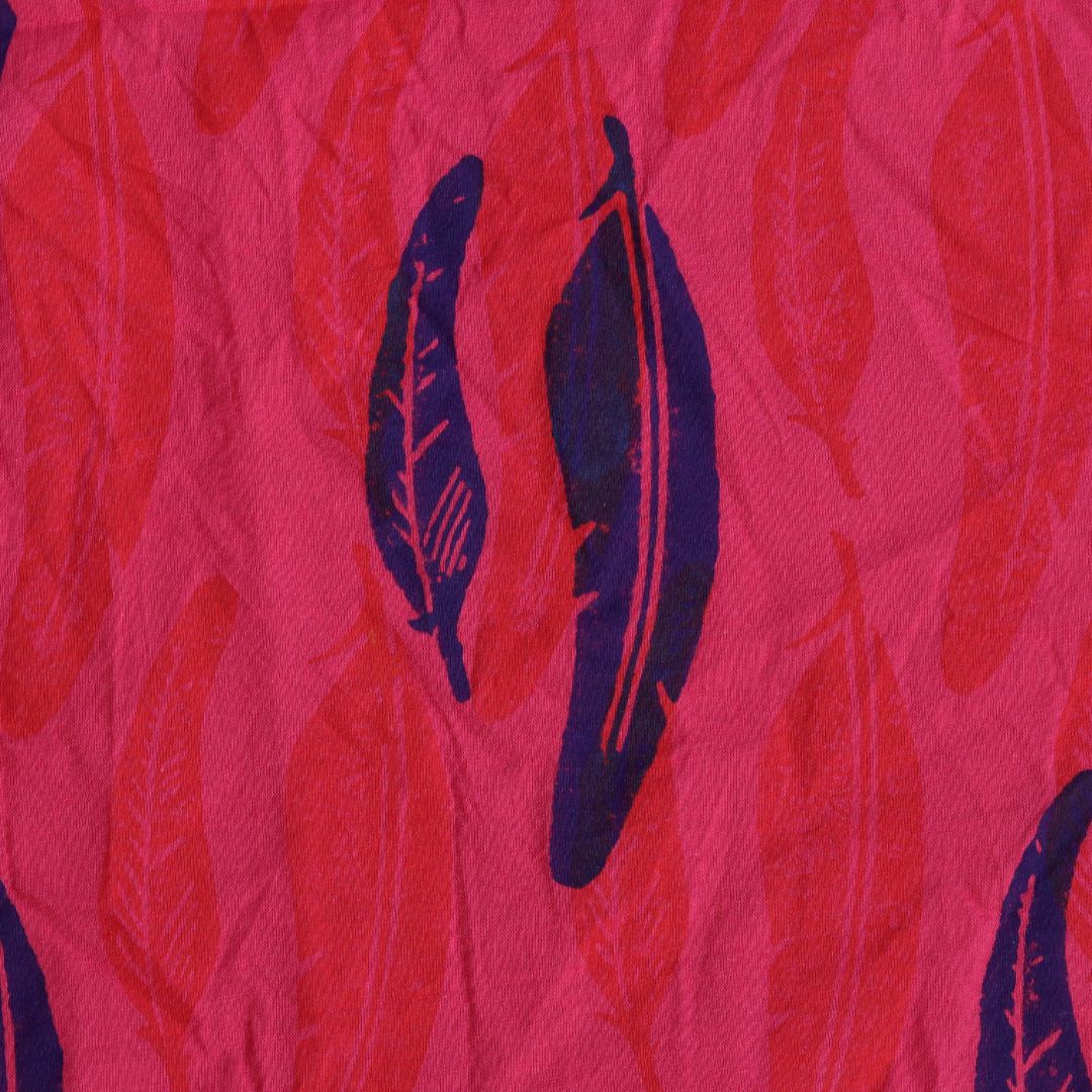 INDHA Blue and Red Feathers Block Printed on Pink Fabric