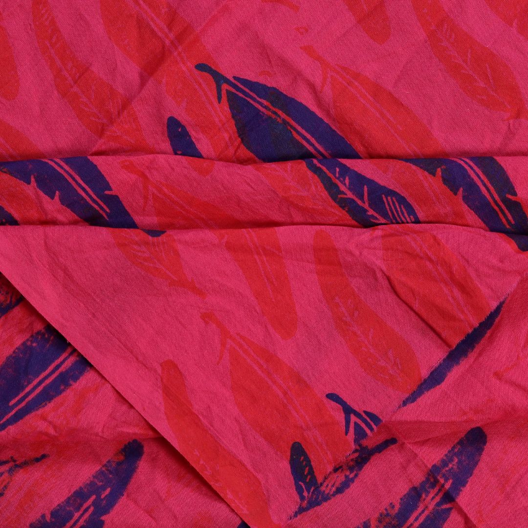 INDHA Blue and Red Feathers Block Printed on Pink Fabric