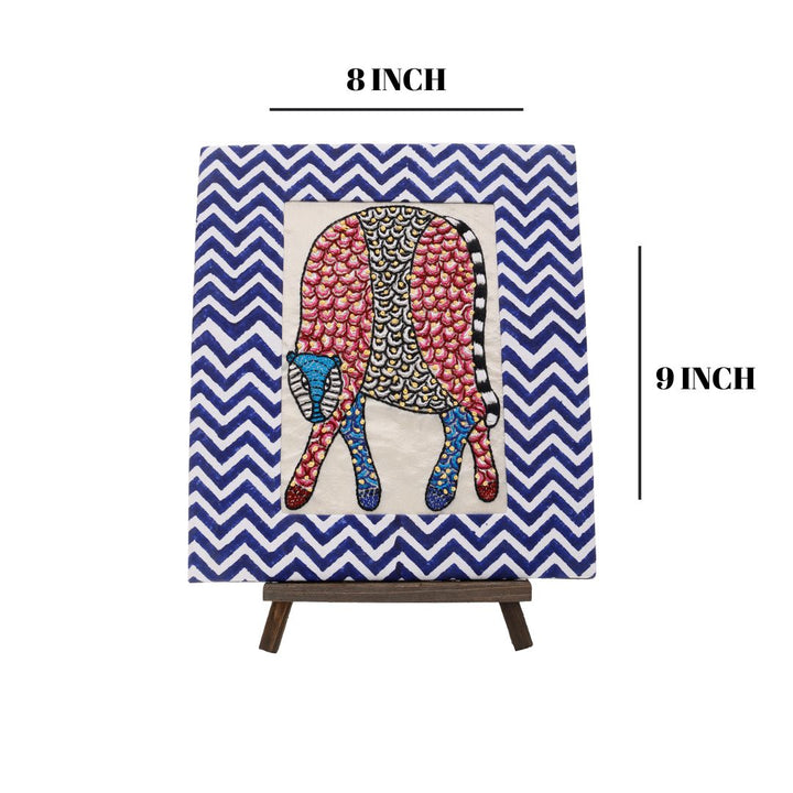 Indha Hand-Embroidered Gond Leopard – Textile Art with Hand Block-Printed Frame & Mini Wooden Easel