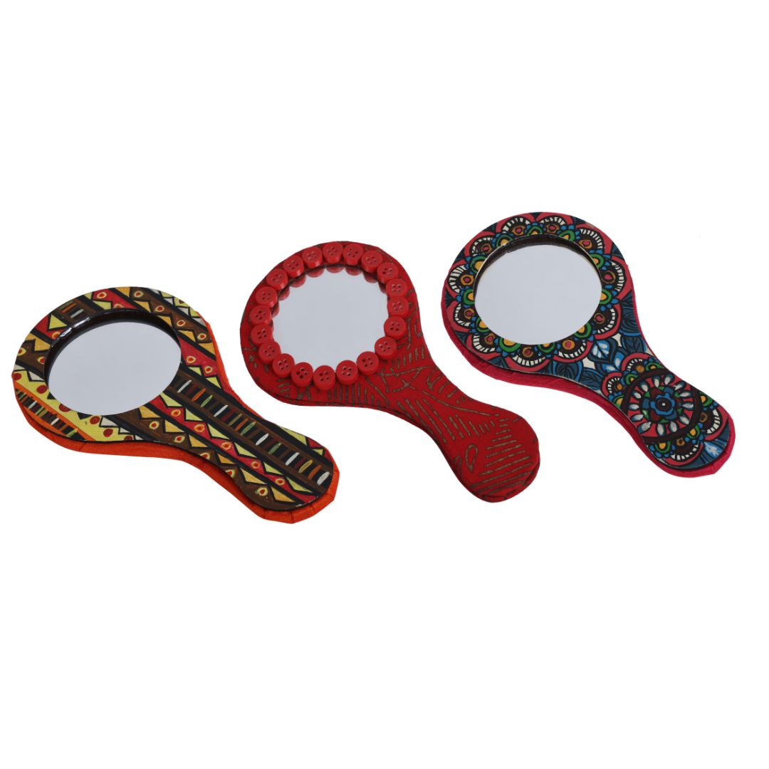 Indha Handcrafted Round Hand Held Mirror |Hand Block Printed Hand | Makeup |Travelling |Salon Mirror | Decorative Mirror |Wedding Gift