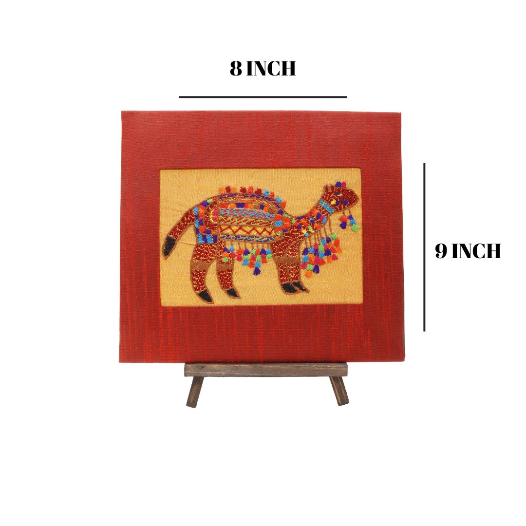 Indha Hand-Embroidered Rajasthani Desert Camel – Silk Textile Art with Mini Wooden Easel| Indian handmade Gift