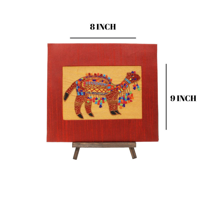 Indha Hand-Embroidered Rajasthani Desert Camel – Silk Textile Art with Mini Wooden Easel| Indian handmade Gift