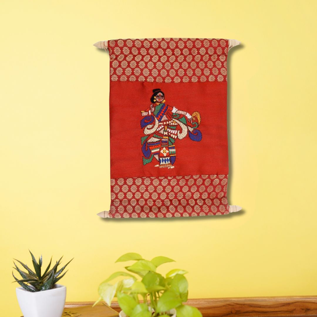 Indha Handcrafted Wall Scroll | Maroon Dupion Silk with Gold Brocade Borders | Handmade Home Décor | Wooden Finials | Gift-Ready Hanging Scroll