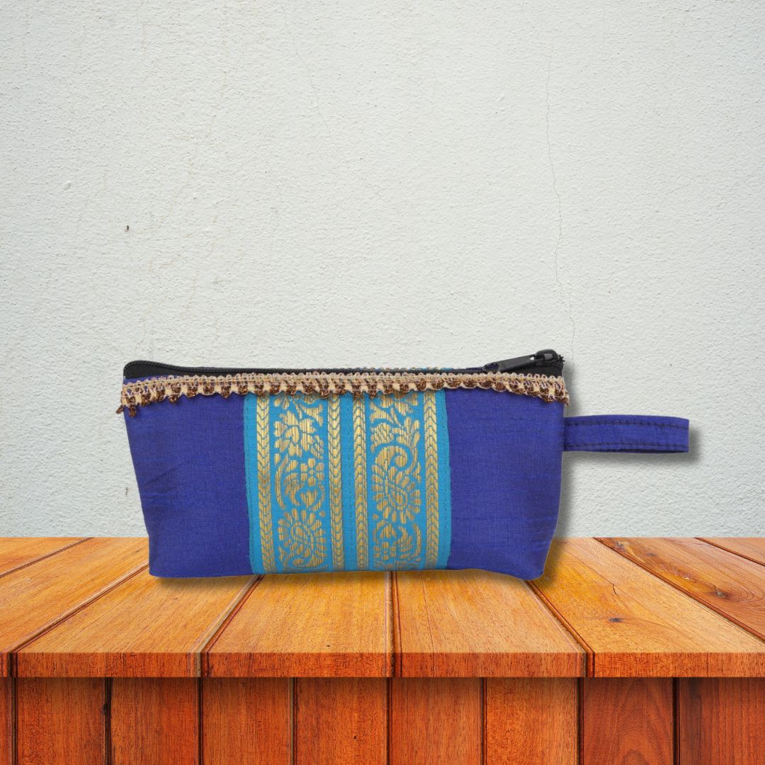 Indha Blue Dupion Silk Utility Pouch with Golden Brocade | Handcrafted Multipurpose Zipper Pouch | Elegant Eco-Friendly Gifting Option