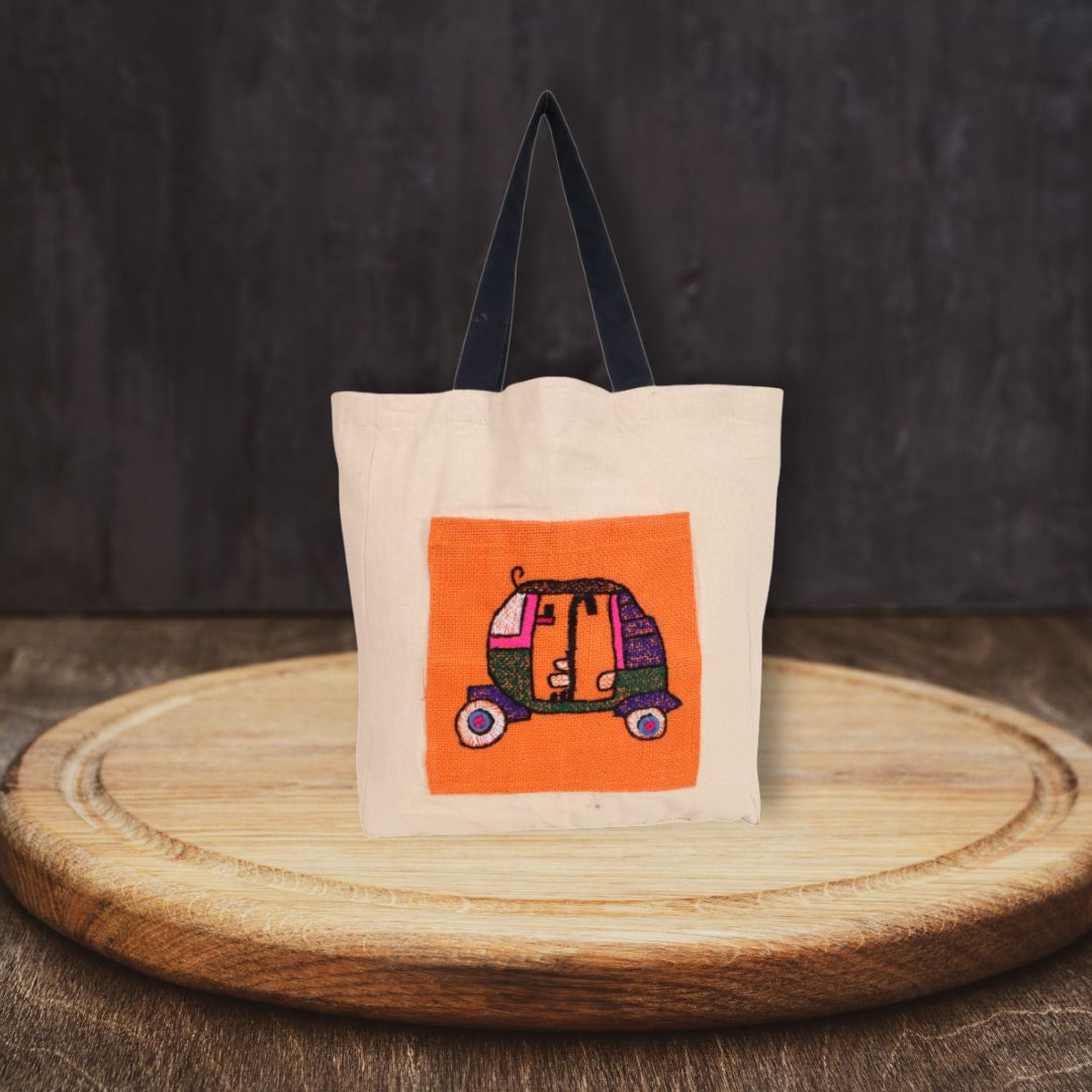Indha Auto Rickshaw Embroidered Cotton Canvas Tote Bag – A Stylish and Versatile Bag for Shopping, Everyday Use, and Cultural Flair