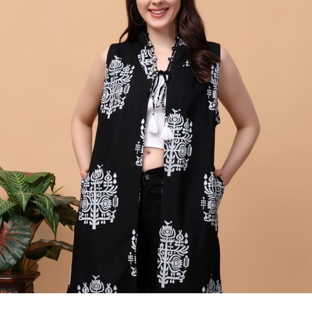 Indha Hand Block Printed Black Shrug Jacket for Girls | Open Front Shrug For Girls | Black Tree Motif Print Short Jacket For Girls