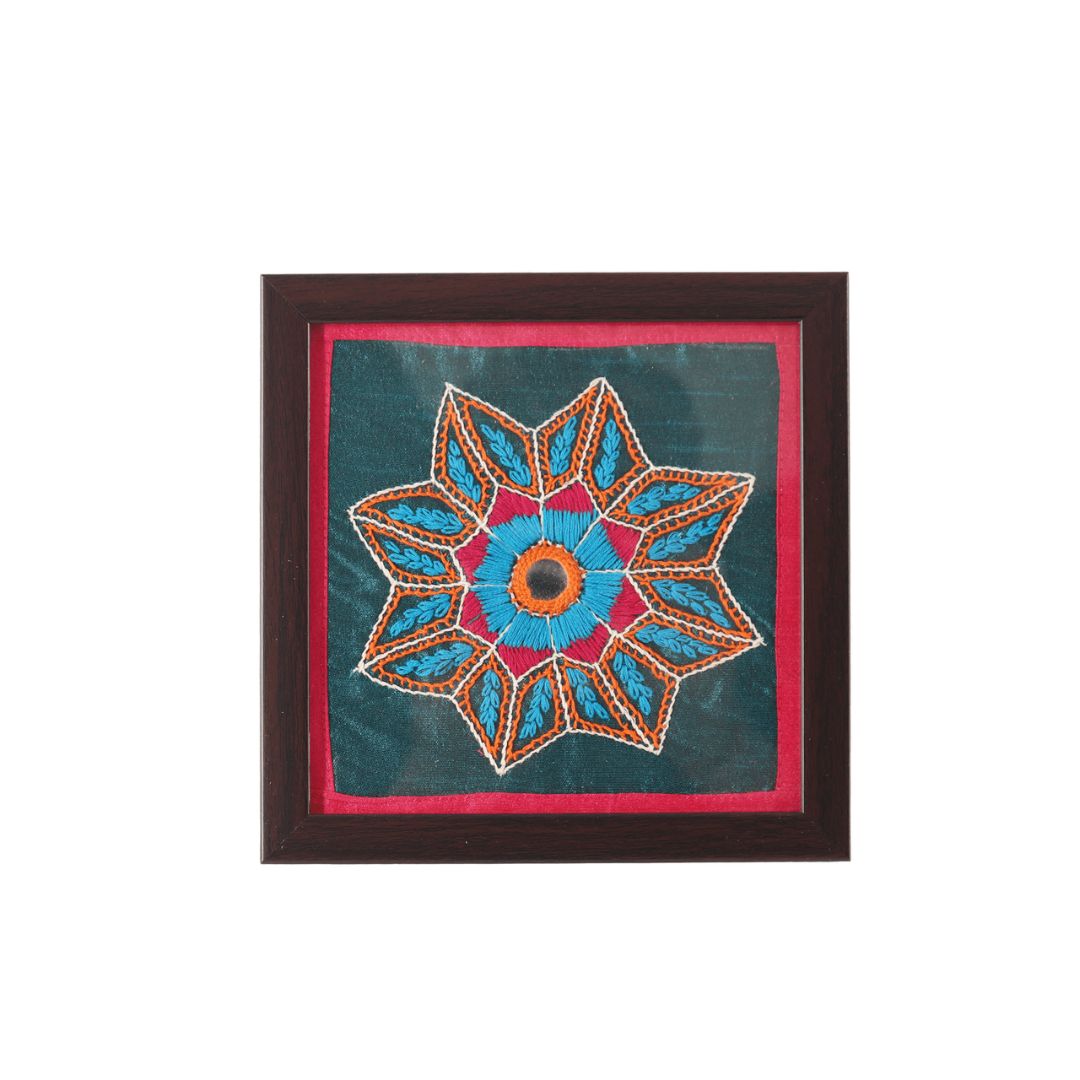 INDHA Rangoli Flower Hand-Embroidered Motif Wooden Glass Coaster for Home &amp; Office Set of 2