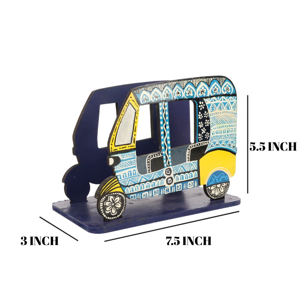 Indha Hand-Painted Auto Rickshaw Tissue / Book Holder | Quirky Retro Wooden Desk & Table Décor| Tourist|Travel Gifting