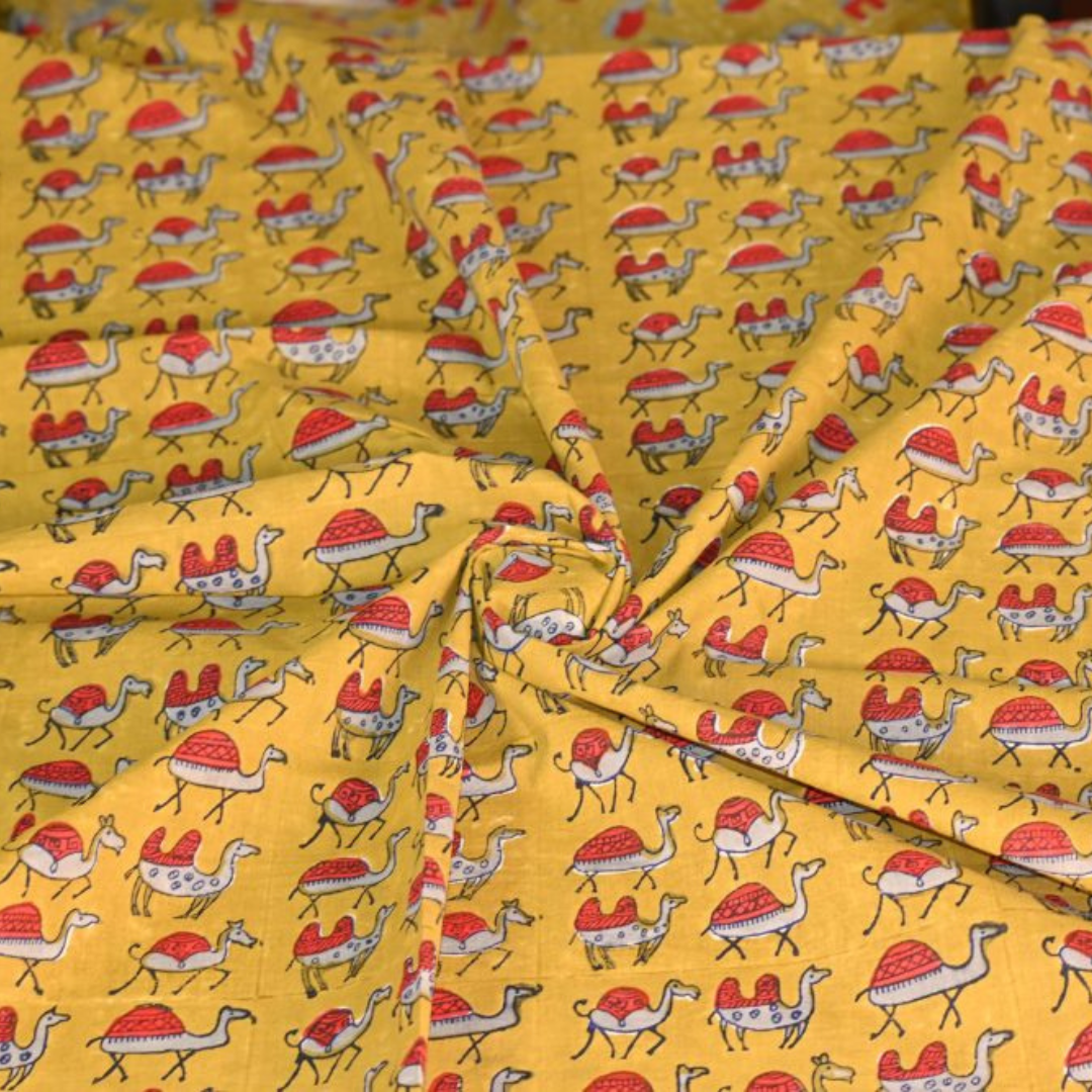 INDHA Hand Block-Printed Cotton Fabric | Red And Grey Camel Design Motif Mustard Yellow Cotton Fabric | Hand Block Printed Fabric | Home Utility | Fashion Utility | Gifting | Gifts For Him | Gifts For Her | Home Furnishing | Jaipuri Block Print Fabric
