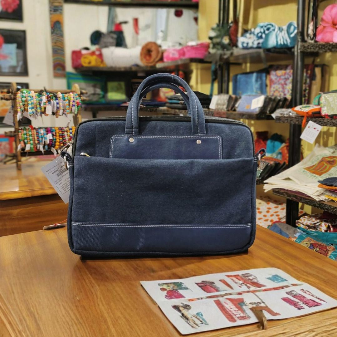 Indha Eco-Friendly Recycled Denim Laptop Bag – A Sustainable and Trendy Carry-All for Work, Travel, and Everyday Use
