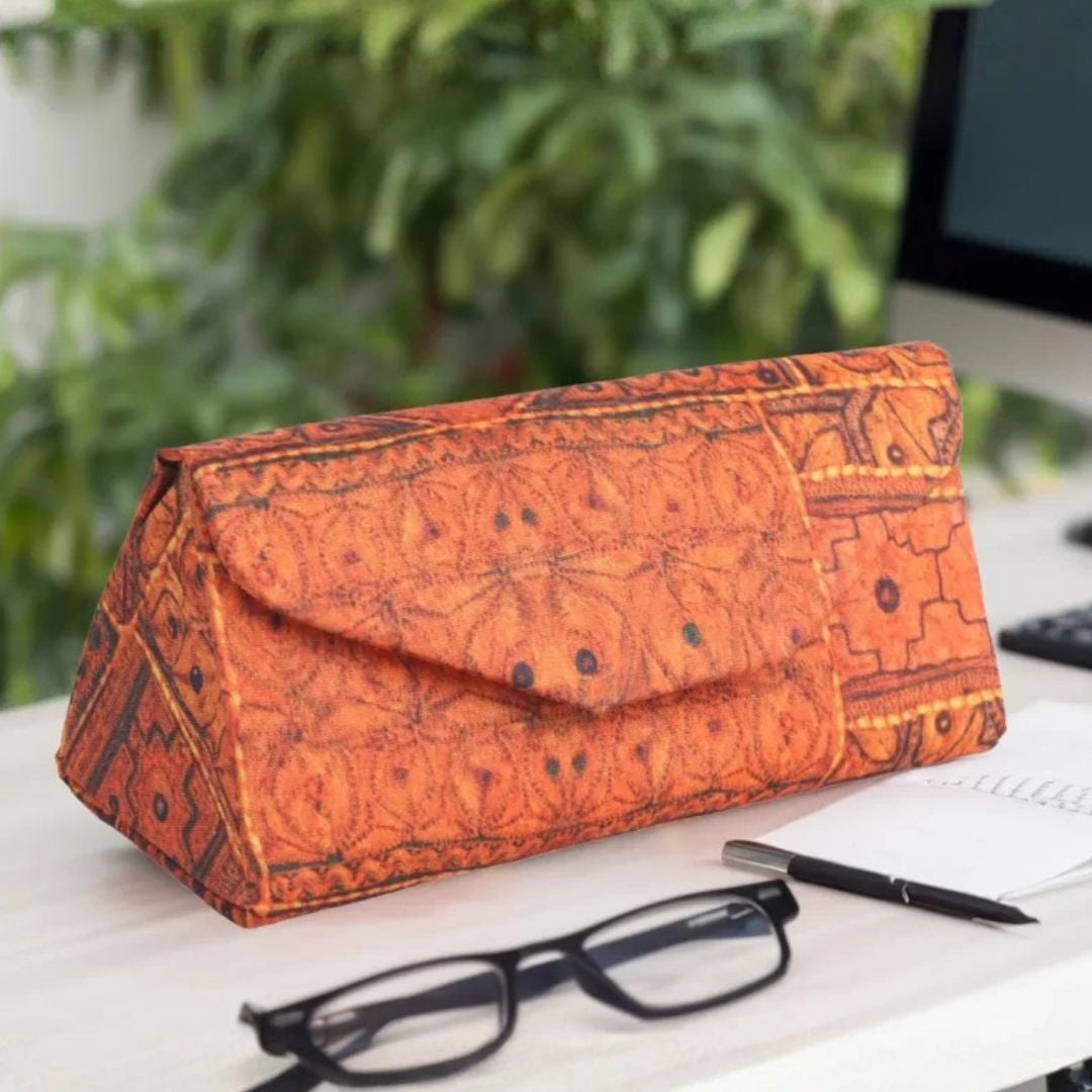 INDHA Eyewear Case | Handcrafted Eyewear Case | Orange Dupion Silk Eyewear Case | Black Indian Ethnic Traditional Design Pattern Digitally Printed | Handmade Eyewear Case | Gifting |