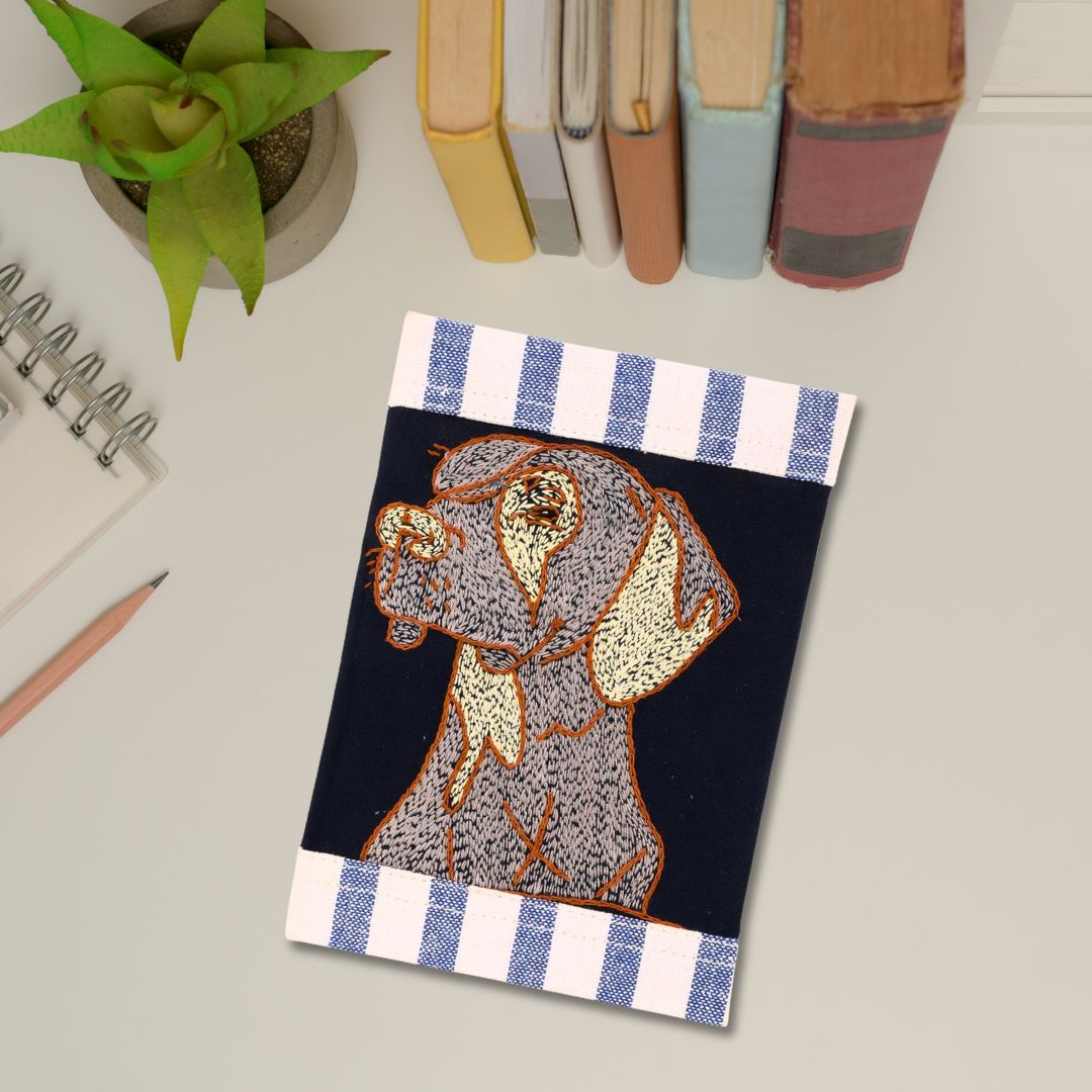INDHA Hand-Embroidered Dog Motif Diary | Upcycled Denim Cover | Recycled Paper Notebook | Eco-Friendly Handmade Diary | Sustainable Gift for Dog Lovers