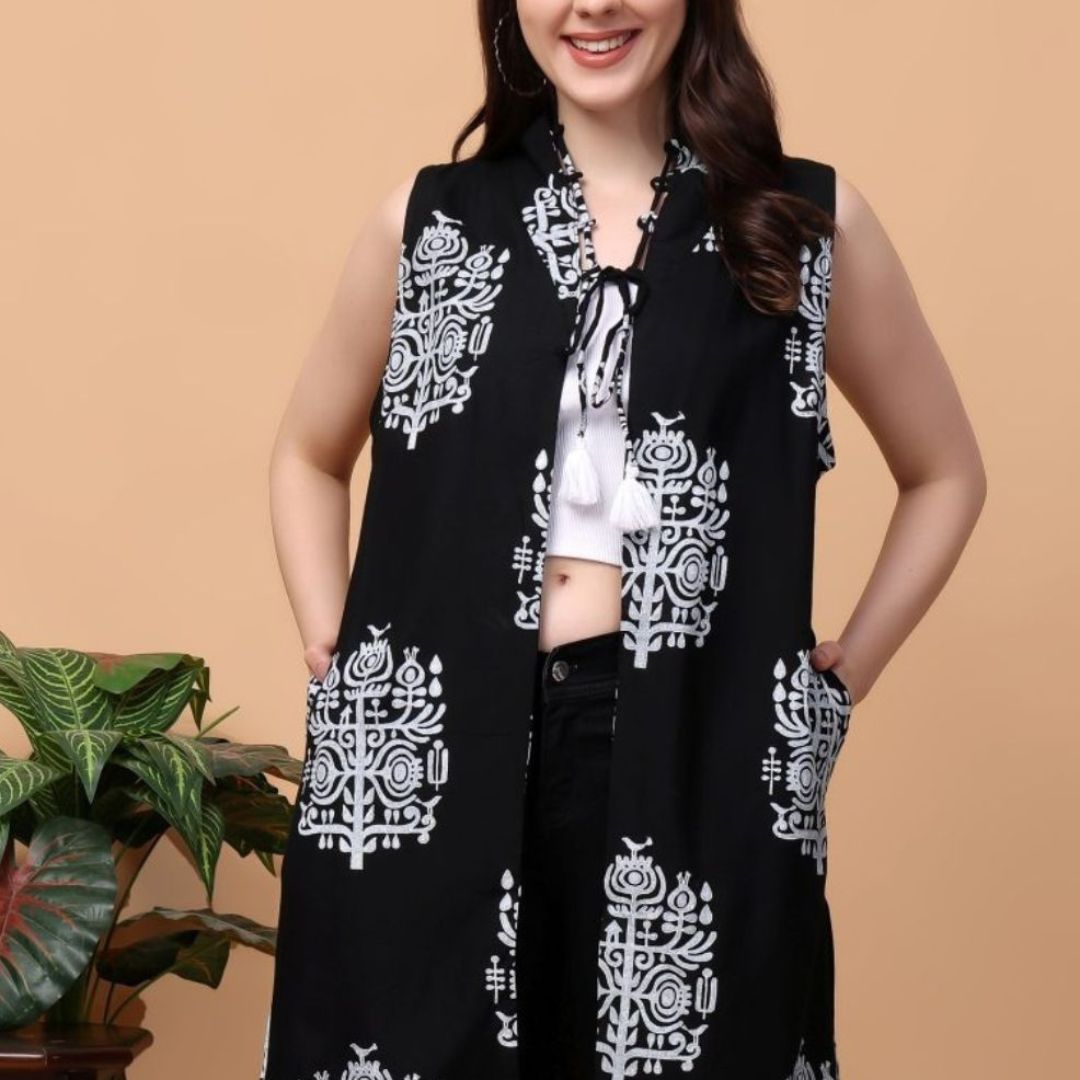 Indha Hand Block Printed Black Shrug Jacket for Girls | Open Front Shrug For Girls | Black Tree Motif Print Short Jacket For Girls