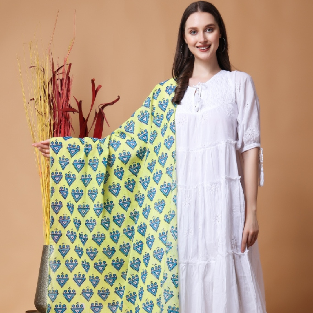 INDHA Hand Block Printed Green Stole | Hand Block Printed Blue Temple Design Motif | Hand Block Printed Stole | Stoles For Women | Ethnic Stoles | Gifting | Fashion Wear | Indo Western Stole | Fashion Accessory