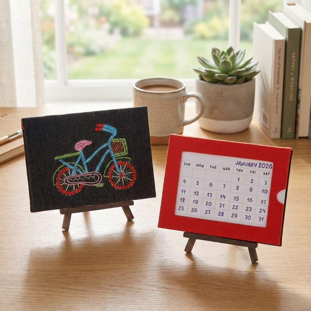 Indha Handcrafted Tabletop Easel Stand Calendar with Hand Embroidered Cycle Motif | 12-Month Desk Calendar