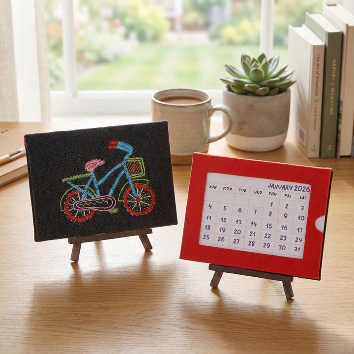 Indha Handcrafted Tabletop Easel Stand Calendar with Hand Embroidered Cycle Motif | 12-Month Desk Calendar