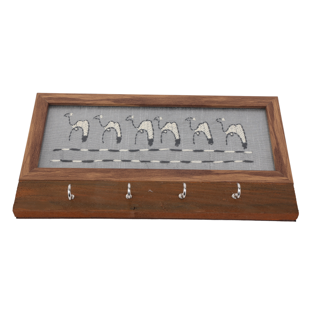 Indha Handcrafted Key Holder | Grey Dupion Silk Key Holder| Hand Embroidered Chain Stitch And Kantha Work Black-White Camel Design | Pine Wood Key Holder | Handmade |