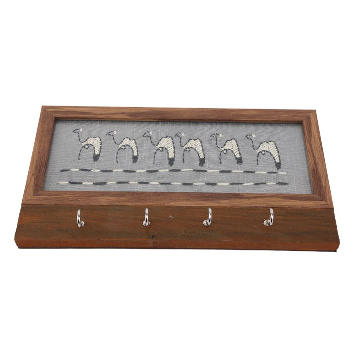 Indha Handcrafted Key Holder | Grey Dupion Silk Key Holder| Hand Embroidered Chain Stitch And Kantha Work Black-White Camel Design | Pine Wood Key Holder | Handmade |