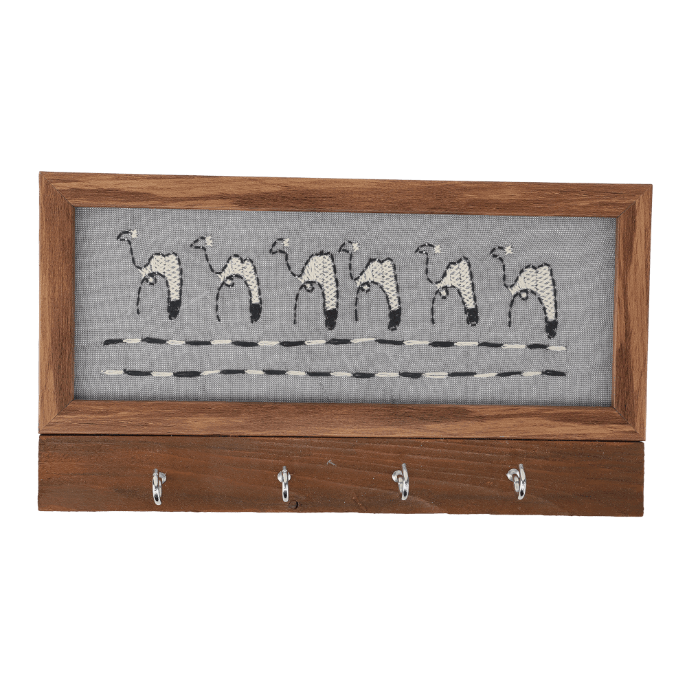 Indha Handcrafted Key Holder | Grey Dupion Silk Key Holder| Hand Embroidered Chain Stitch And Kantha Work Black-White Camel Design | Pine Wood Key Holder | Handmade |