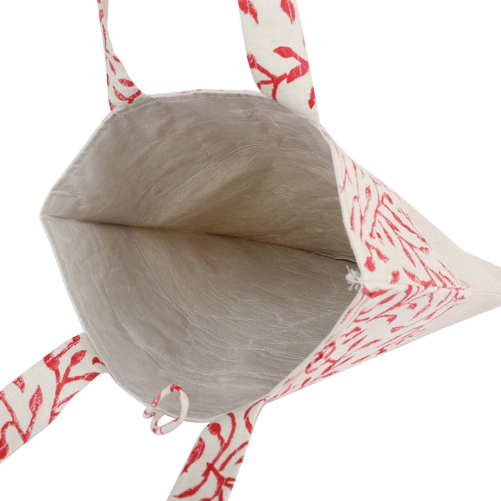 INDHA Red Floral Leaves Design Motif Hand Block-Printed Cotton Canvas Off-White Conference Kit Bag | Hand Block Printed Bag | Eco-Friendly | Gifting | Corporate Gifting | Shopping Bag | Laptop Carry Bag | Office Supply Bag | Tote Bag | Handcrafted