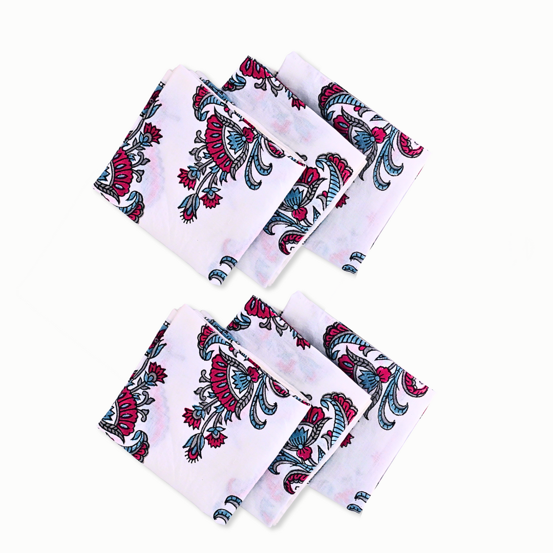 Hand Block Printed White Cotton Napkin Set (Pack of 6) | Exquisite Gift for Home &amp; Office Celebrations