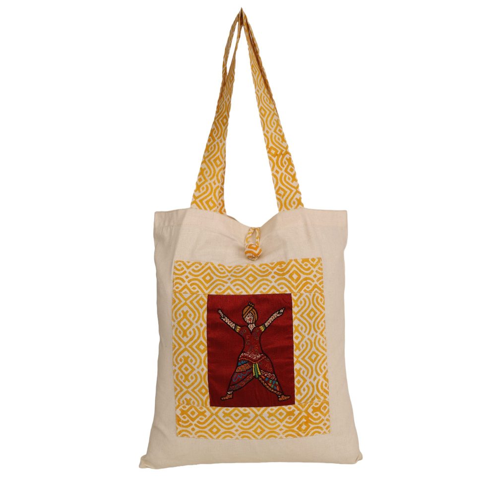 Indha Tote Bag with Bhangra Dance Motif Embroidery| Hand Block Printed Natural Cotton Shopping Bag | Eco-Friendly Handcrafted Tote | Single Compartment with Small Pocket | Button Closure | Vibrant and Spacious Bag |