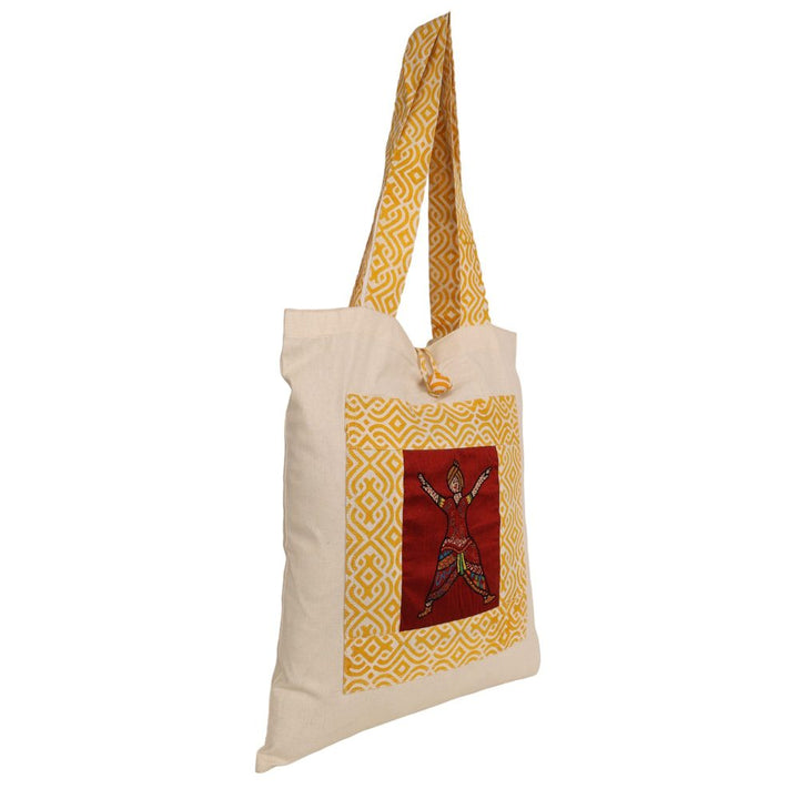 Indha Tote Bag with Bhangra Dance Motif Embroidery| Hand Block Printed Natural Cotton Shopping Bag | Eco-Friendly Handcrafted Tote | Single Compartment with Small Pocket | Button Closure | Vibrant and Spacious Bag |