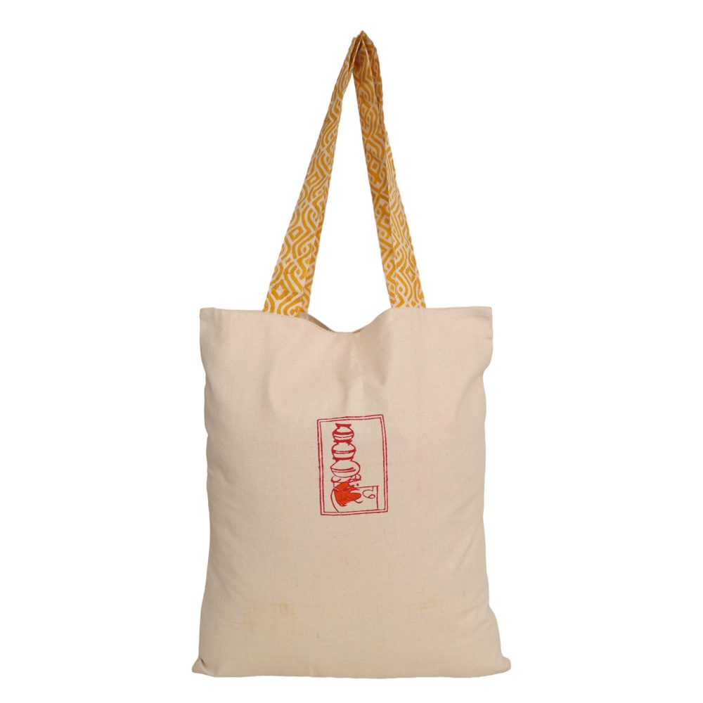 Indha Tote Bag with Bhangra Dance Motif Embroidery| Hand Block Printed Natural Cotton Shopping Bag | Eco-Friendly Handcrafted Tote | Single Compartment with Small Pocket | Button Closure | Vibrant and Spacious Bag |