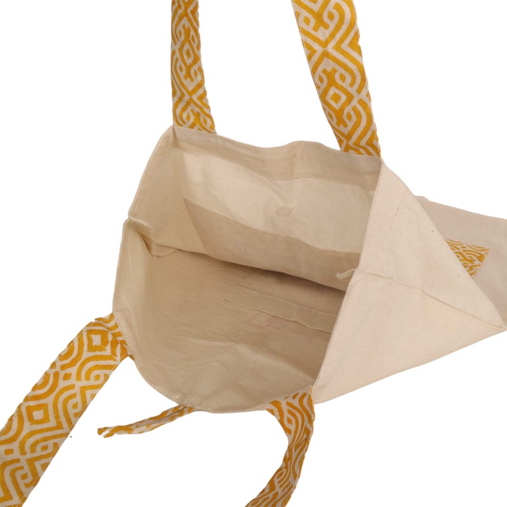 Indha Tote Bag with Bhangra Dance Motif Embroidery| Hand Block Printed Natural Cotton Shopping Bag | Eco-Friendly Handcrafted Tote | Single Compartment with Small Pocket | Button Closure | Vibrant and Spacious Bag |