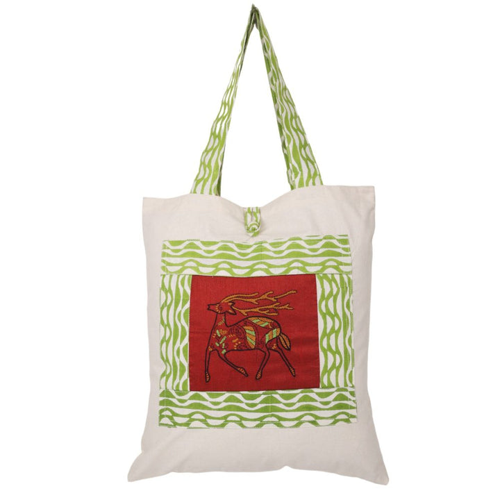 Indha Hand Embroidered Cotton Tote Bag Deer Motif with Block Print Detailing | Eco-Friendly Tote Bag | Handcrafted Cotton Bag | Stylish Everyday Bag | Artisanal Embroidery | Ethical Fashion | Sustainable Shopping Bag |