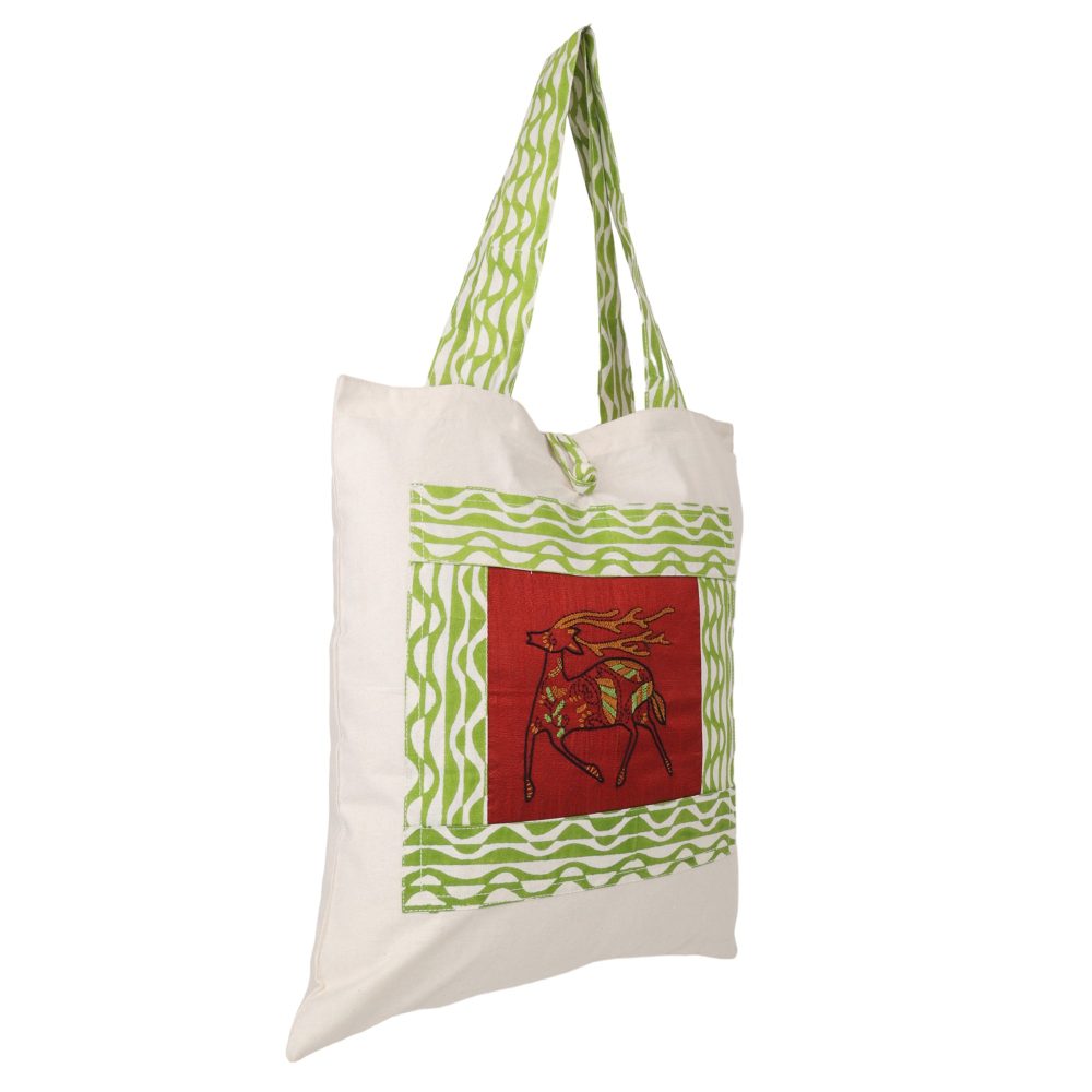 Indha Hand Embroidered Cotton Tote Bag Deer Motif with Block Print Detailing | Eco-Friendly Tote Bag | Handcrafted Cotton Bag | Stylish Everyday Bag | Artisanal Embroidery | Ethical Fashion | Sustainable Shopping Bag |