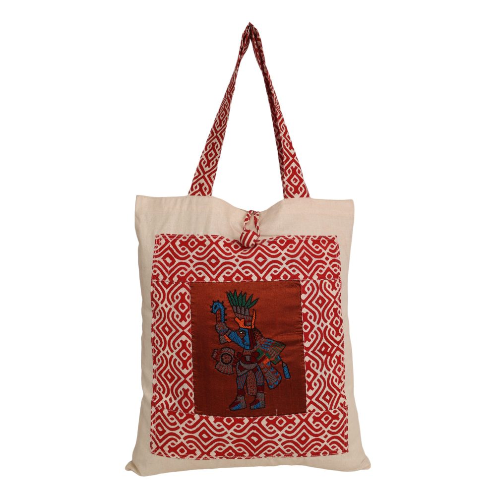 Indha Tote Bag with Spartan Motif Embroidered | Hand Block Printed Natural Cotton Shopping Bag | Eco-Friendly Handcrafted Tote | Single Compartment with Small Pocket | Button Closure | Vibrant and Spacious Bag |