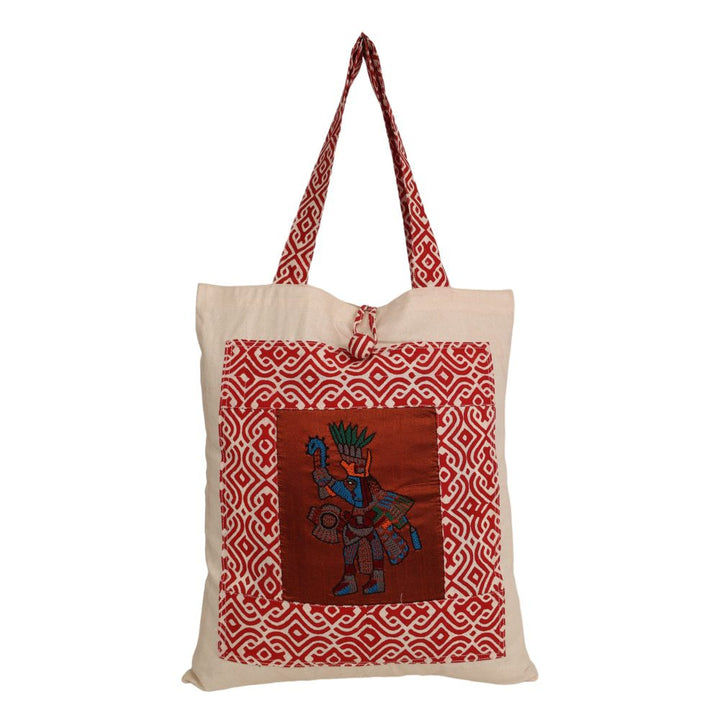 Indha Tote Bag with Spartan Motif Embroidered | Hand Block Printed Natural Cotton Shopping Bag | Eco-Friendly Handcrafted Tote | Single Compartment with Small Pocket | Button Closure | Vibrant and Spacious Bag |