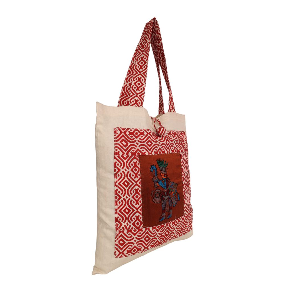 Indha Tote Bag with Spartan Motif Embroidered | Hand Block Printed Natural Cotton Shopping Bag | Eco-Friendly Handcrafted Tote | Single Compartment with Small Pocket | Button Closure | Vibrant and Spacious Bag |