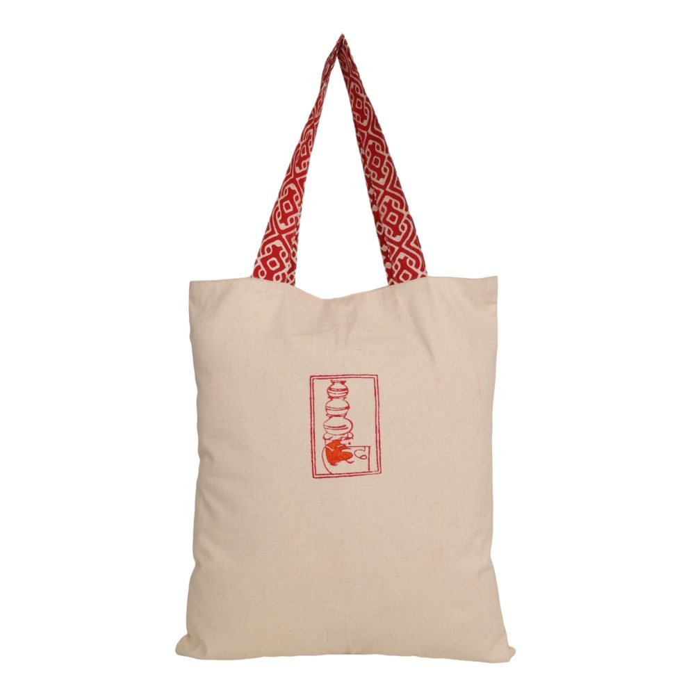 Indha Tote Bag with Spartan Motif Embroidered | Hand Block Printed Natural Cotton Shopping Bag | Eco-Friendly Handcrafted Tote | Single Compartment with Small Pocket | Button Closure | Vibrant and Spacious Bag |